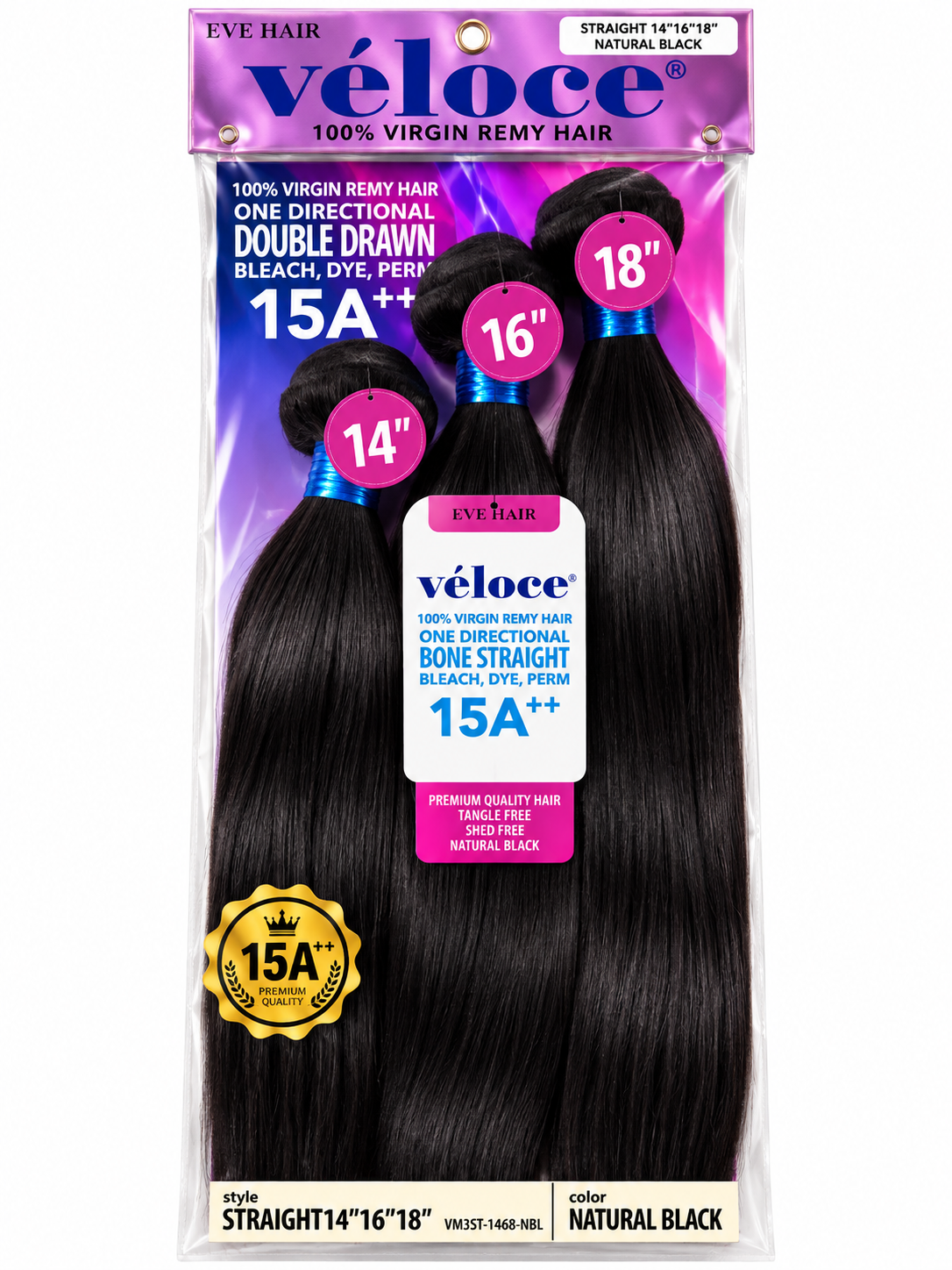 Véloce 15A++ 100% Virgin Remy Hair Straight 14" 16" 18" - Natural Black