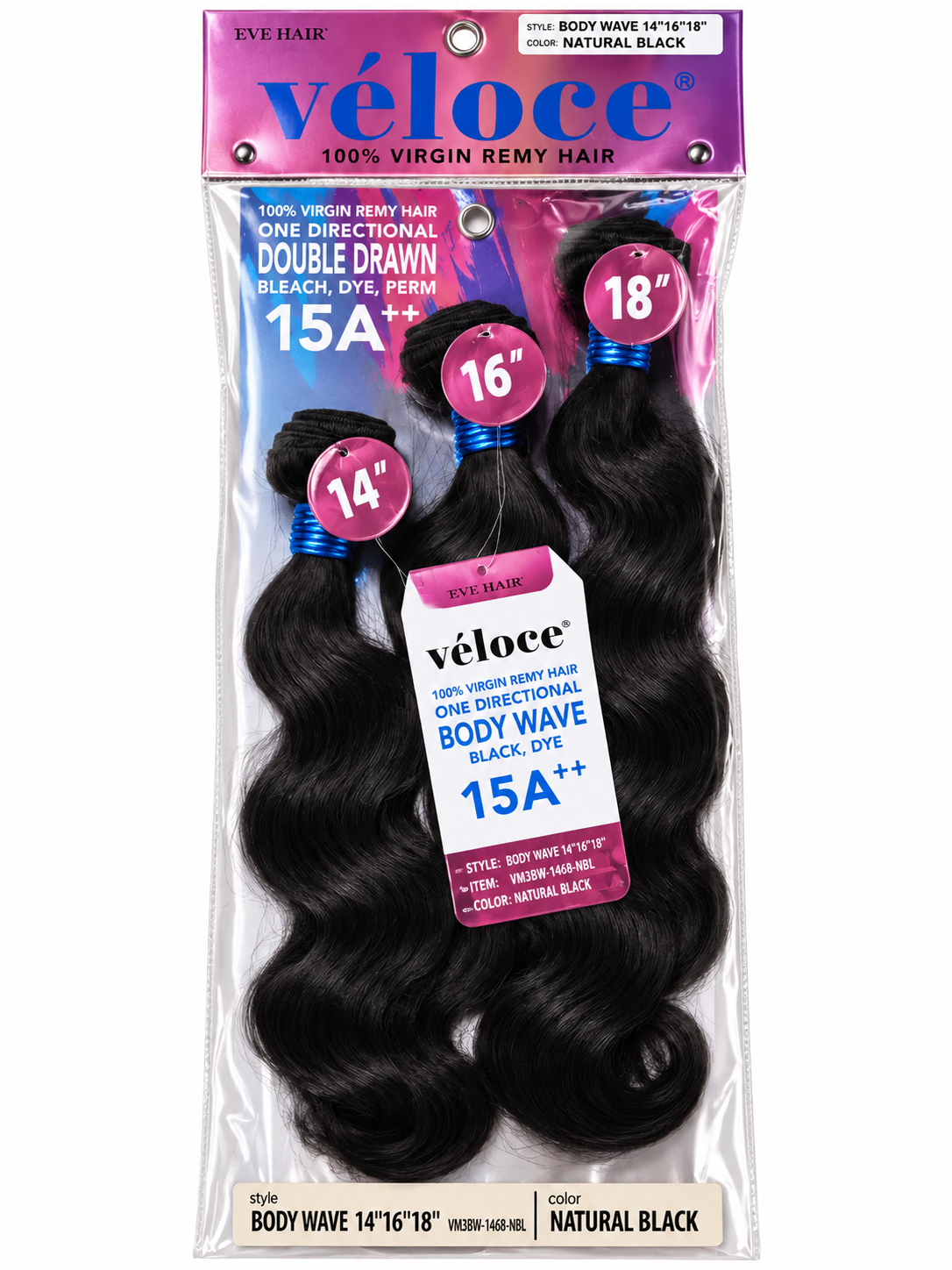 Véloce 15++100% Virgin Remy Hair- Body Wave 14" 16" 18" - Natural Black