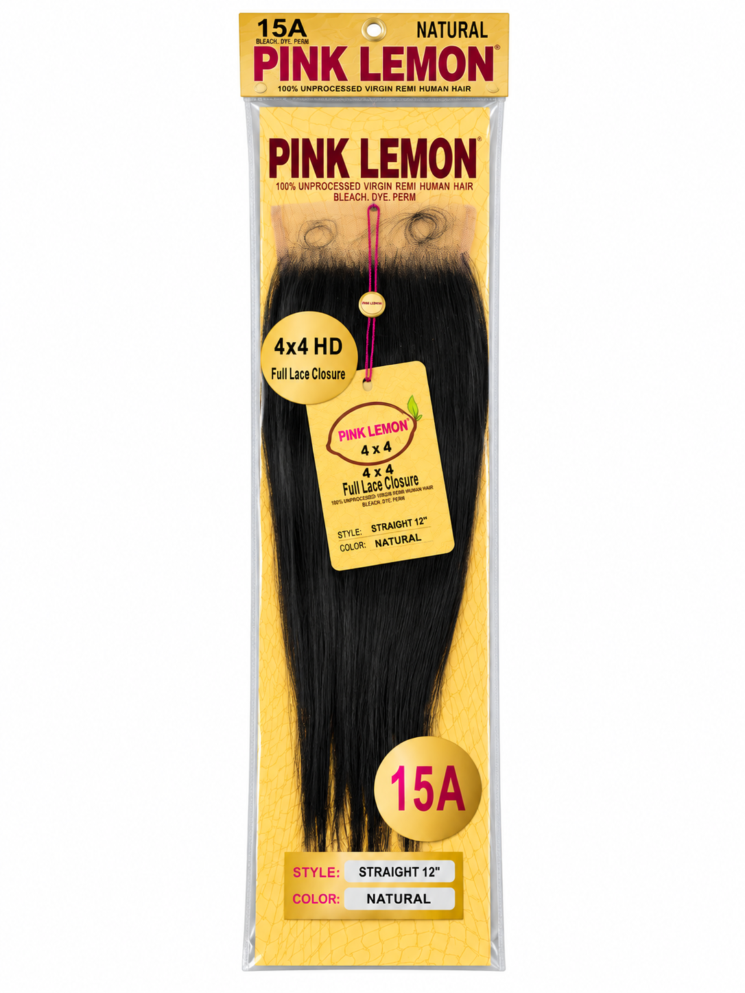 Pink Lemon 15A Virgin Remi Hair –Full Lace Closure Straight 12" – Natural