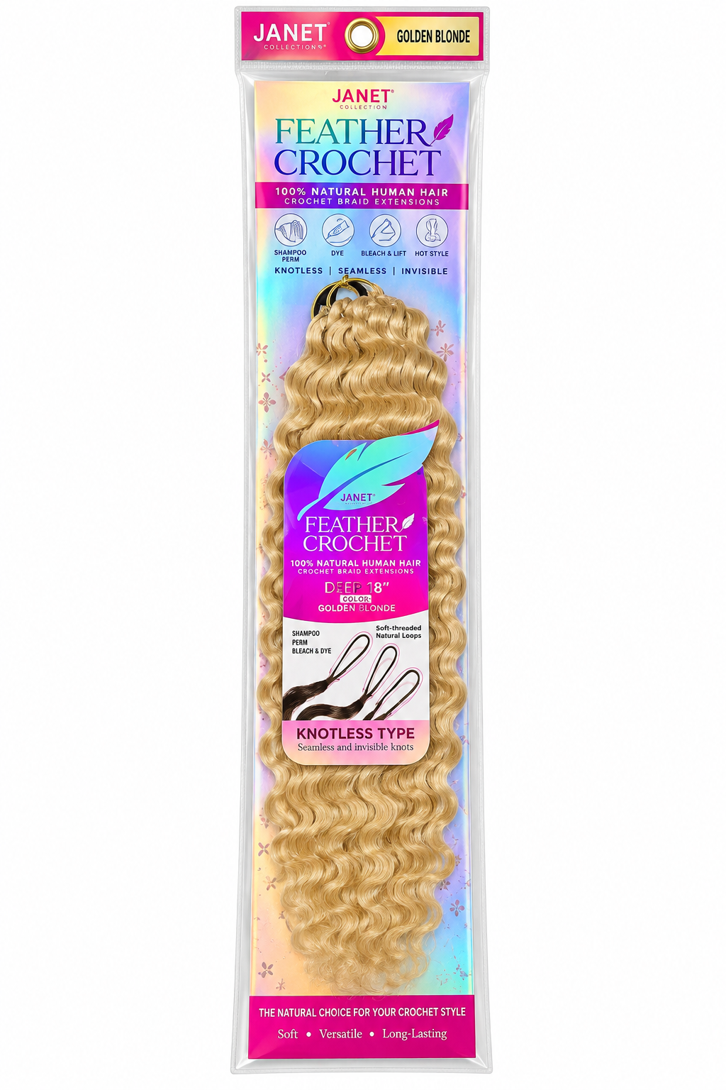 Janet Collection Feather Crochet 100% Natural Human Hair – Deep 18" Golden Blonde