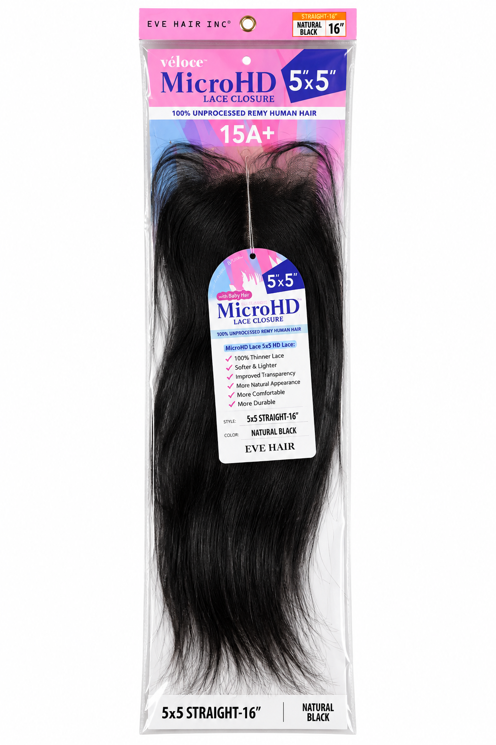 Eve Hair Velour MicroHD 5x5 Lace Closure – 15A+ Straight 16" – Natural Black