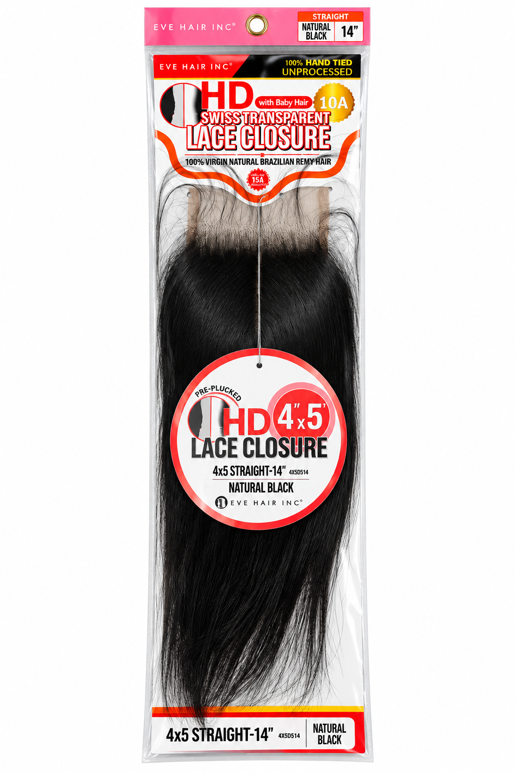 Eve Hair HD Swiss Transparent 4x5 Lace Closure – Straight 14" – Natural Black