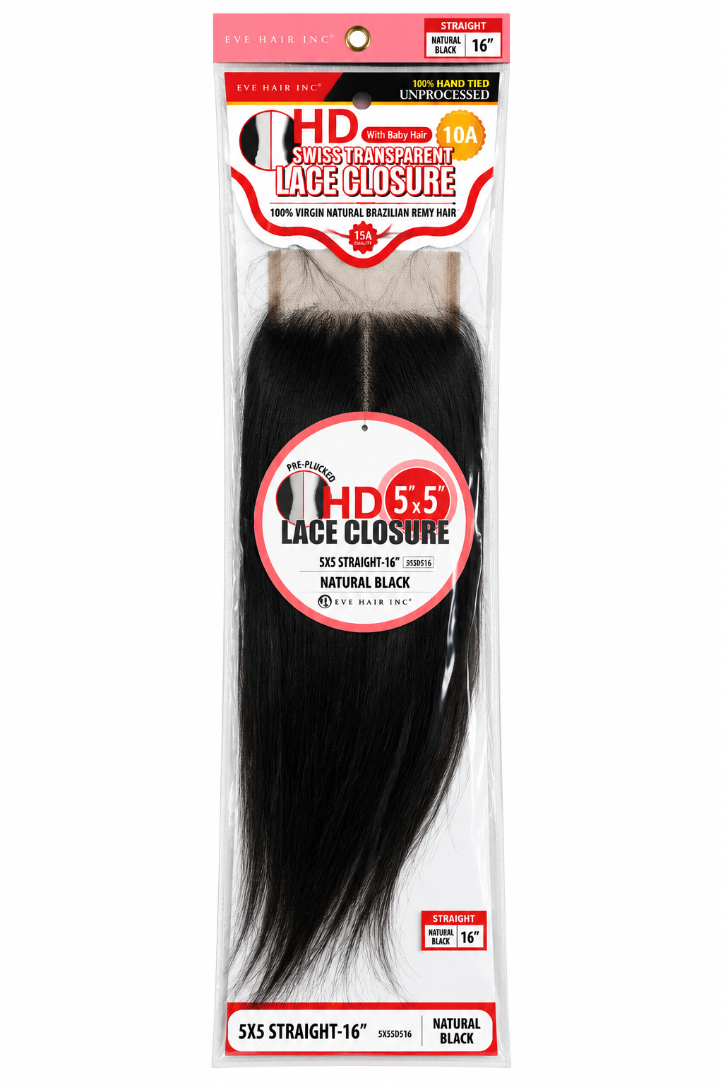 Eve Hair HD Swiss Transparent 5x5 Lace Closure – Straight 16" – Natural Black