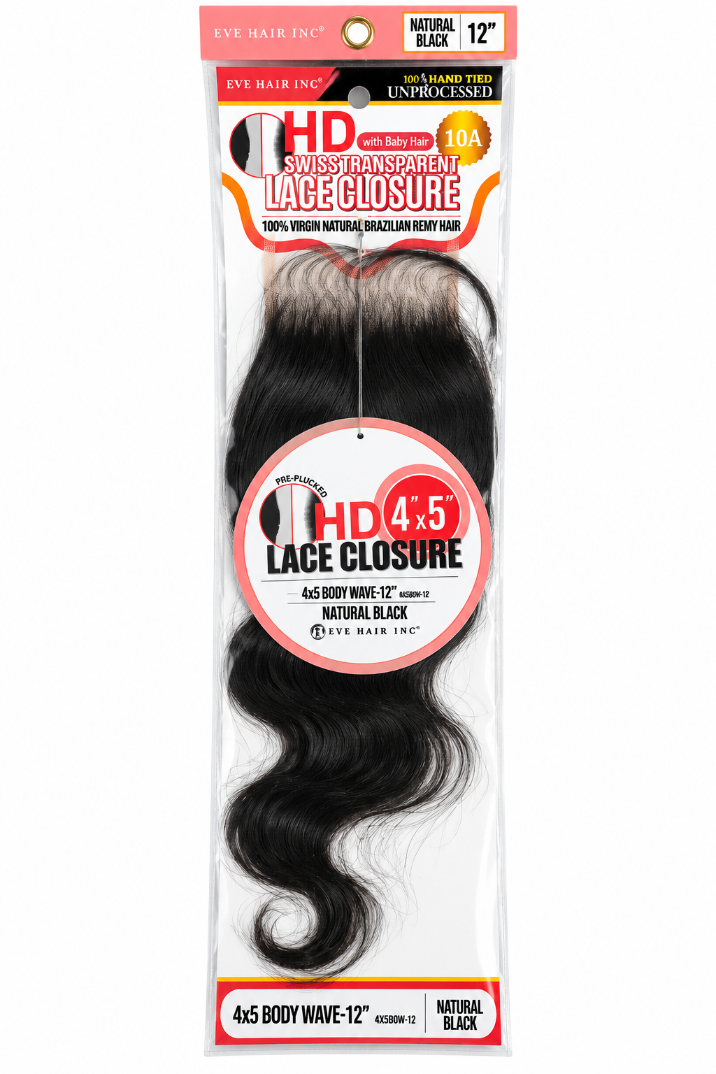 Eve Hair HD Swiss Transparent 4x5 Lace Closure – Body Wave 12" – Natural Black