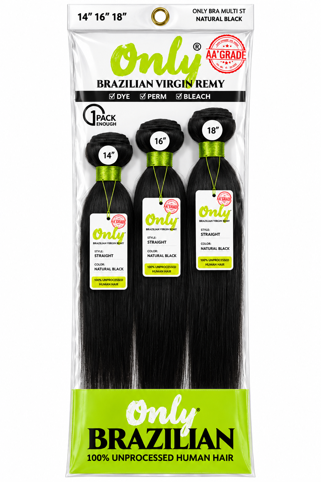Only Brazilian Virgin Remy Straight 3-Bundle Pack – 14"16"18" – Natural Black