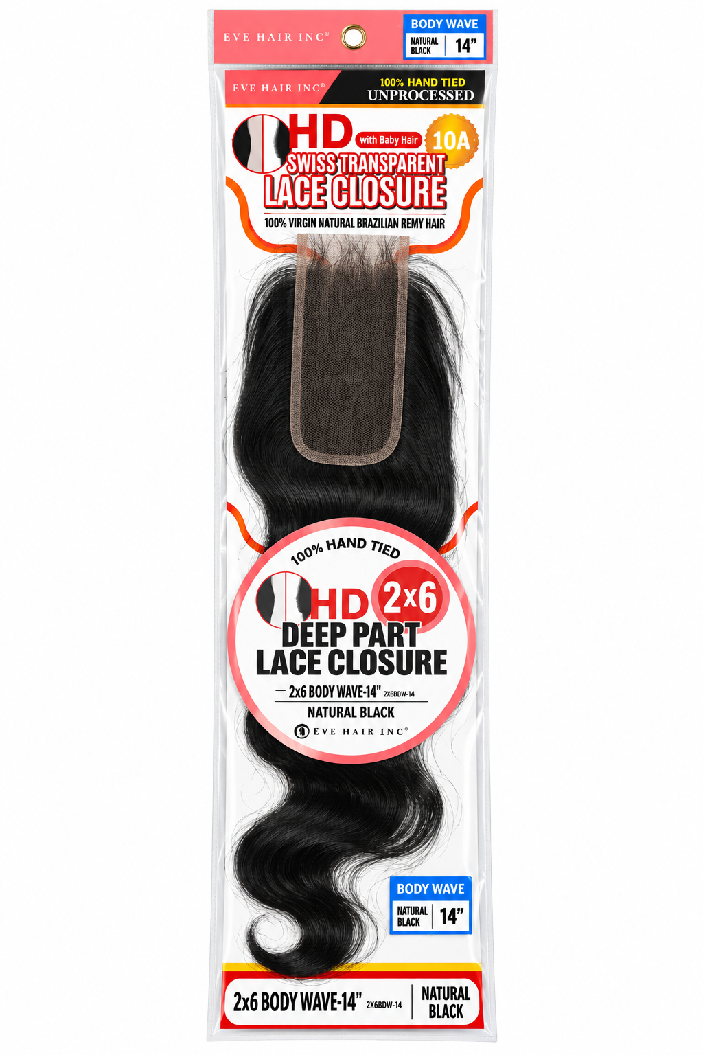 Eve Hair HD Swiss Transparent 2x6 Deep Part Lace Closure – Body Wave 14" – Natural Black