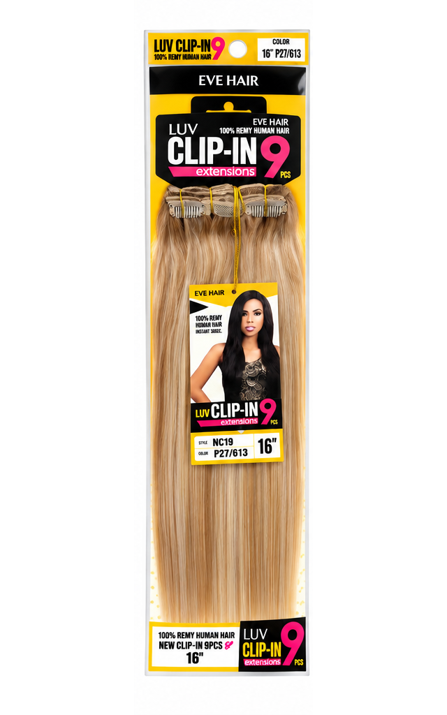 EVE Hair LUV 9-Piece Clip-In Extensions – 16" Straight Human Hair, Color P27/613
