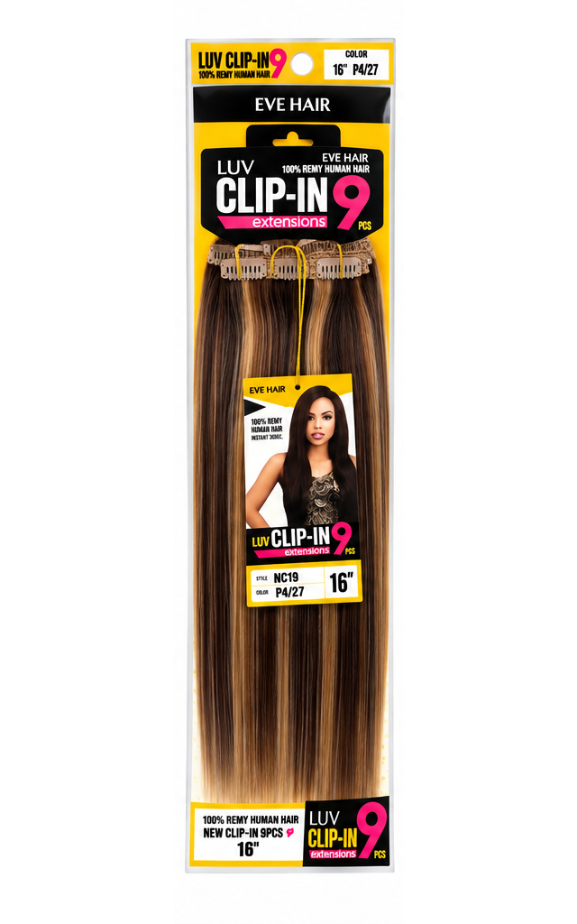EVE Hair LUV 9-Piece Clip-In Extensions – 16" Straight Human Hair, Color P4/27