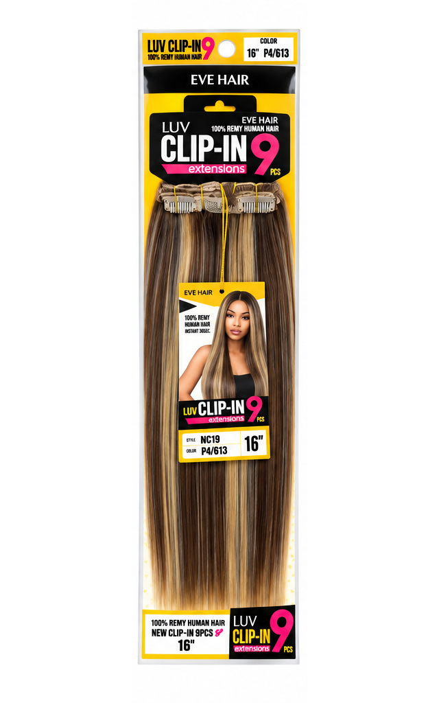 EVE Hair LUV 9-Piece Clip-In Extensions – 16" Straight Human Hair, Color P4/613
