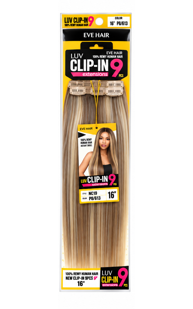 EVE Hair LUV 9-Piece Clip-In Extensions – 16" Straight Human Hair, Color P8/613